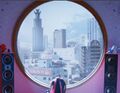 Miko's apartment has circular windows with views of Tokyo.